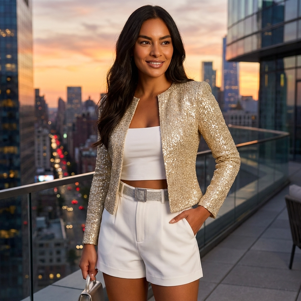 Korte Pailletten Blazer voor Dames met Open Voorzijde