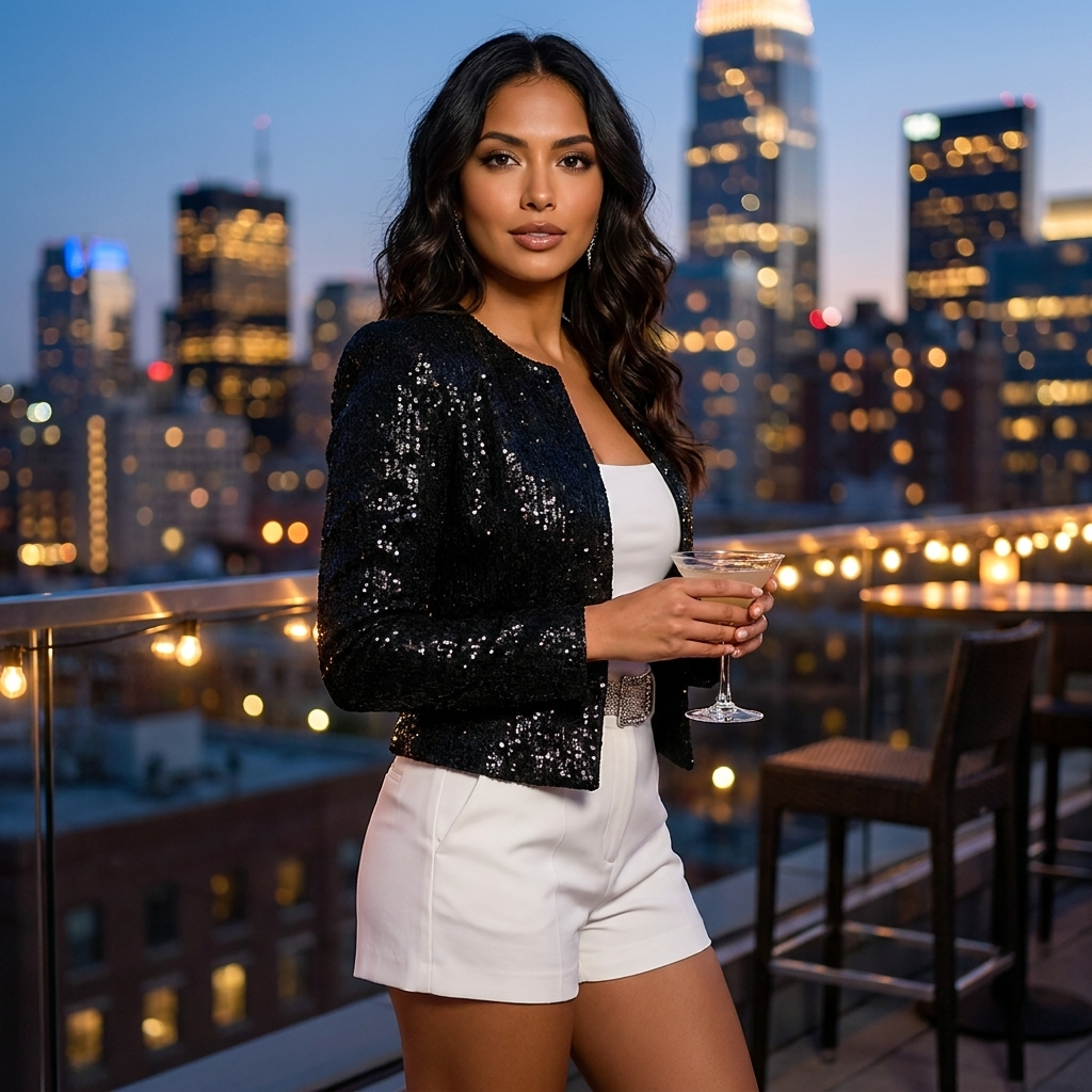 Korte Pailletten Blazer voor Dames met Open Voorzijde